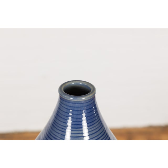 Ceramic Artisan Made Prem Collection Tall Blue Glazed Vase with Striated Motifs For Sale - Image 7 of 12