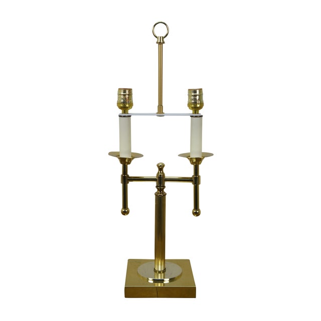 Vintage 1999 Robert Abbey brass French bouillotte style table lamp. Bright lacquered brass; square base and fluted center...