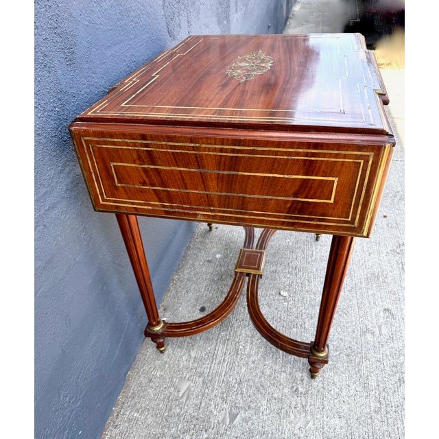 Louis XVI-Style Brass Inlaid Writing Table For Sale - Image 10 of 12