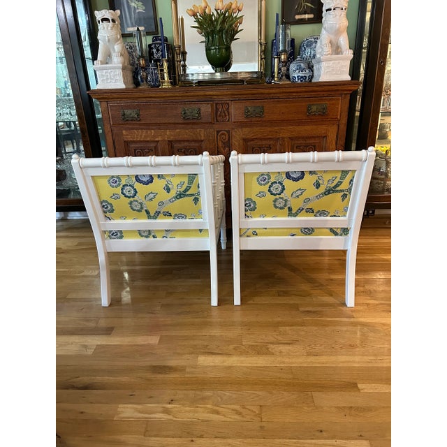 1971 White Chinoiserie Faux Bamboo Club Chairs by Ayers Furniture With Mad Cap Cottage Fabric For Sale - Image 4 of 11