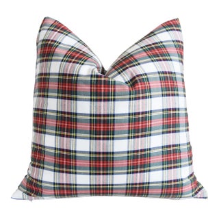 English Woven Red, Green, Black & White Plaid Tartan Feather/Down Pillow 20” Square For Sale