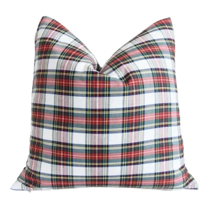 English Woven Red, Green, Black & White Plaid Tartan Feather/Down Pillow 20” Square