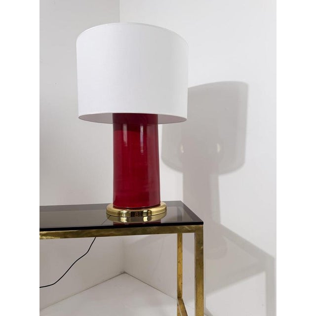 Italian Ruby Red Glazed Ceramic and Brass Twin Table Lamps, 1970s, Set of 2 For Sale - Image 3 of 18