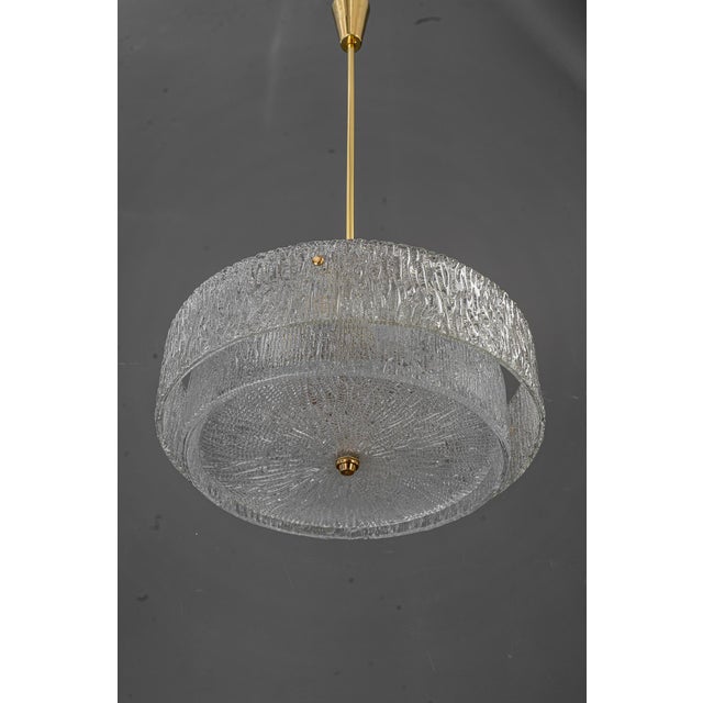 J.T. Kalmar Round Textured Glass Ring & Brass Chandelier, Pendant Lamp, 1950s Brass polished and stove enameled I have...