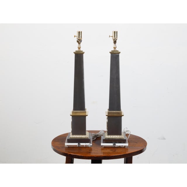 Pair of French Midcentury Steel and Brass Truncated Obelisk Table Lamps For Sale - Image 9 of 10