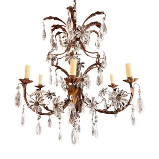 Large French Six-Arm Chandelier with Flowers, 1920s For Sale