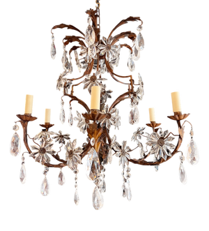 Large French Six-Arm Chandelier with Flowers, 1920s