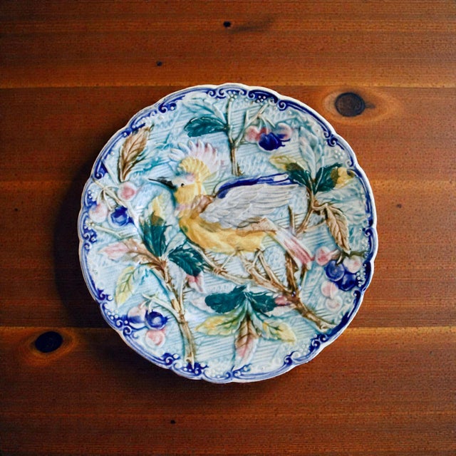 Antique Bird Plate in Wasmüel Majolica, 1880 For Sale - Image 9 of 9