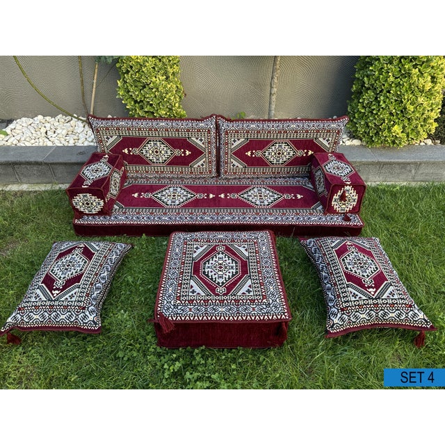 Modular Floor Sofa With Ottoman, Turkish Kilim U-Shaped Set Majlis Floor Sofa Seating For Sale - Image 4 of 18