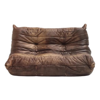 Togo Two-Seater Sofa in Brown Leather by Michel Ducaroy for Ligne Roset, 1970s For Sale