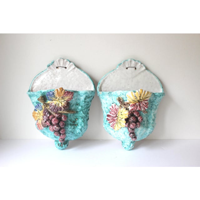 Pair of Italian Ceramic Majolica Pottery, Grapes, Aqua Turquoise Blue Wall Pocket Vase Planters For Sale - Image 11 of 11