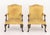 Pair of Late George II Mahogany Golden Silk Brocade Upholstered Armchairs, with carved foliate design to the arms and four...