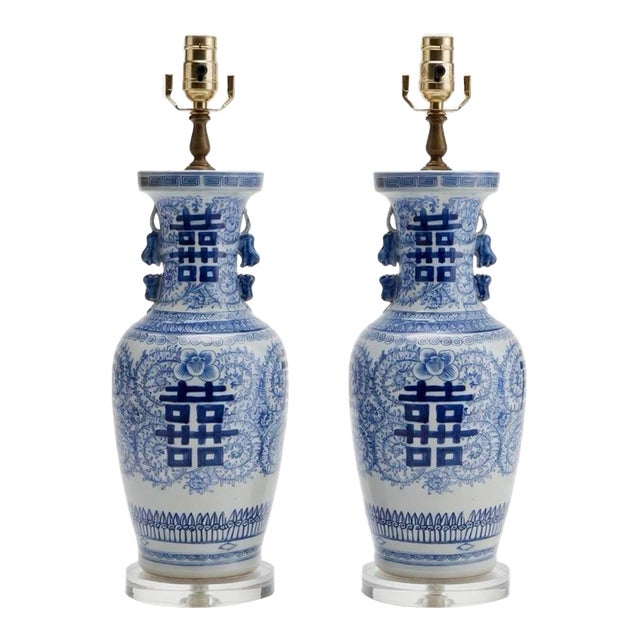 Vintage Regency Palm Beach Blue & White Chinoiserie Lamps, Pair For Sale
