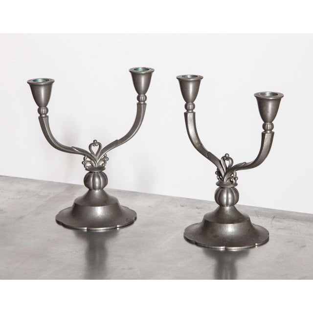 Pair of Just Andersen 6002 Two Arm Pewter Candlesticks, 1929. Featuring handcrafted Crest details in Satin Silver finish...