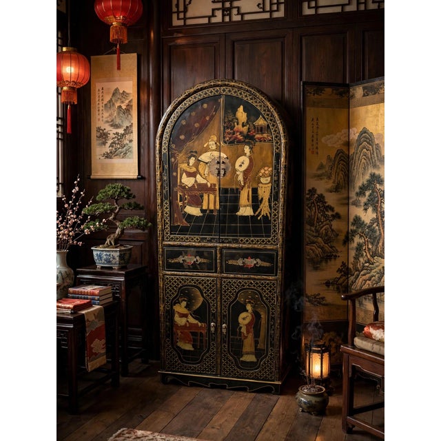 Vintage hand painted Chinese cabinet with doors above and oval painted black behind, height 154 cm, width 60 cm, depth 35 cm