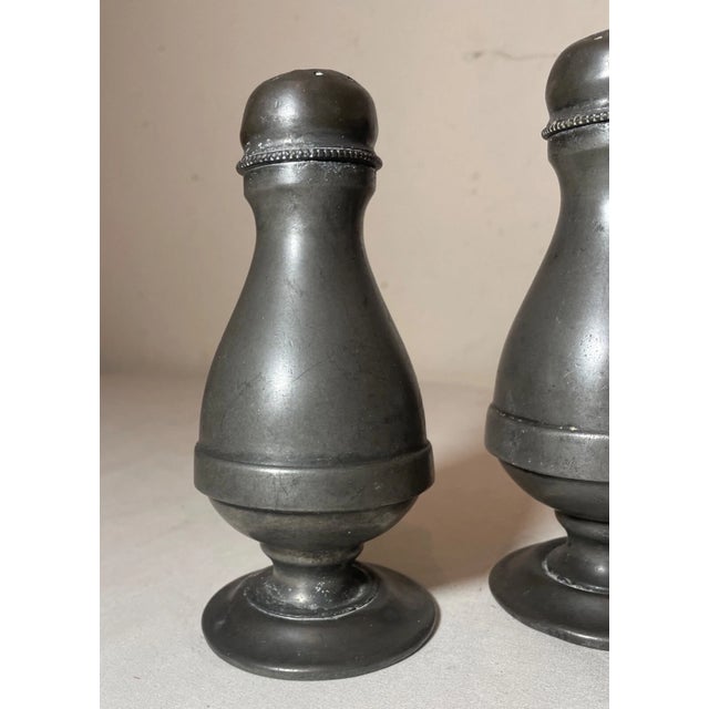Large Pair of 19th Century Handmade Engraved Pewter Salt and Pepper Shakers For Sale - Image 4 of 11