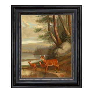 "Doe With Two Fawns" Contemporary Reproduction Print on Canvas, Framed 21" X 25" For Sale