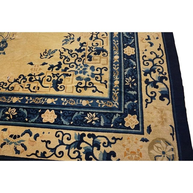 Beige 1920s Beige Field Vase Classic Greek Key Antique Chinese Peking Knotted Wool Rug For Sale - Image 8 of 10