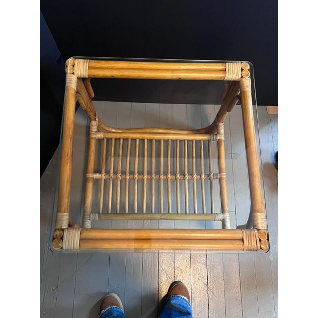 Modern Late 20th Century Vintage Rattan Side/End Table With Glass Top For Sale - Image 3 of 5