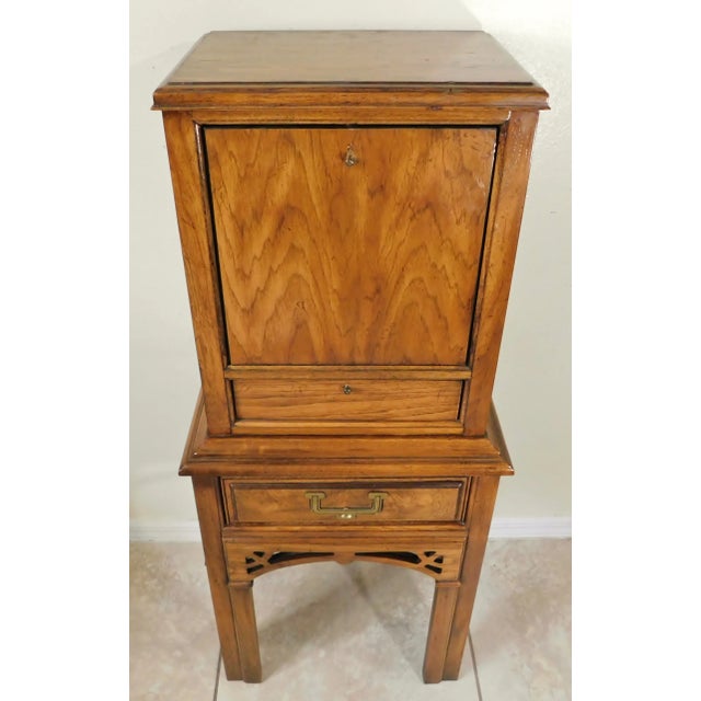 Mid-Century Modern Small Vintage Mid Century Campaign Oak Wood Cabinet For Sale - Image 3 of 12