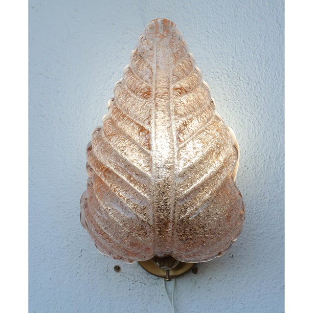 Set of 2 Wall Light Pink Colour Murano Glass Leave by Barovier E Toso, 1950s For Sale - Image 4 of 14