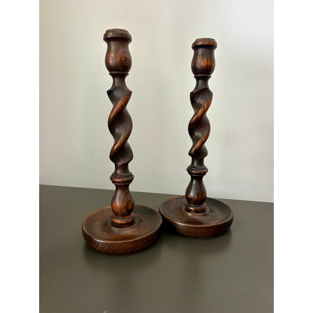 Brown Vintage Pair English Oak Barley Twist Candlesticks – Pair of Antique Wooden Candle Holders For Sale - Image 8 of 9