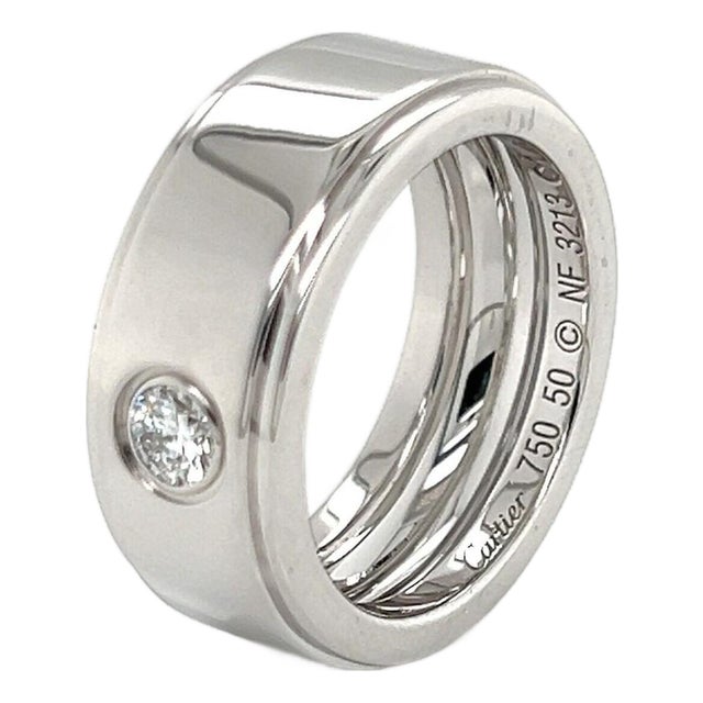 Mid 20th Century Cartier 18k White Gold Wide Wedding Band Ring with Diamond Size 5 For Sale