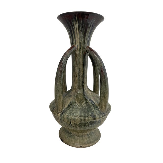 Large Santorini 4 Handle Drip Glaze Ceramic Vase in Green and Brown For Sale - Image 4 of 6