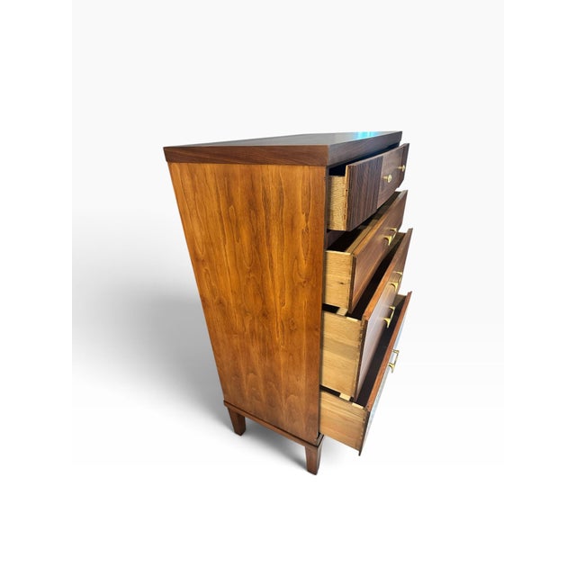 Wood Refinished 1960s Mid Century Modern Walnut Tallboy Dresser | Vintage Walnut Crescent Series S-2430 Highboy Chest | Fluted Louvered Accent Drawer For Sale - Image 7 of 12