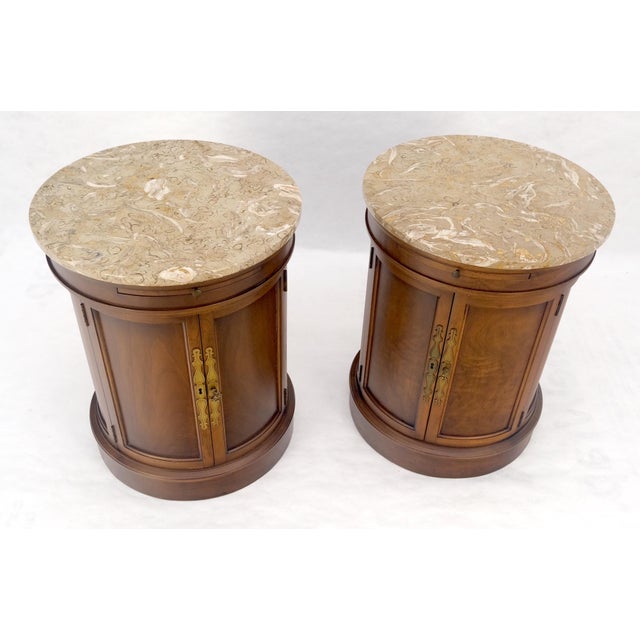 Pair of Round Cylinder Shape Two Doors End Lamp Tables Stands Pull Out Trays MINT