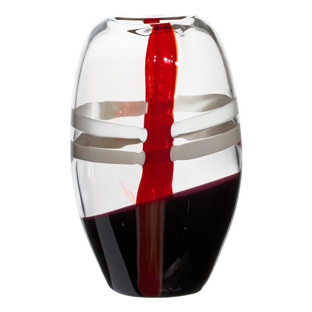 Large Ellisse Vase in Ivory, Red and Black Streaks by Carlo Moretti For Sale