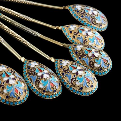 Antique Russian Silver Enamel Cloisonne Spoons by Dmitrii Nikolaevich Nikolaev, 1900s, Set of 6 For Sale - Image 16 of 18