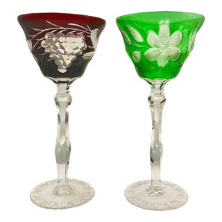 Antique Ruby Red and Green Crystal Cut to Clear Wine Goblets Style of Val Saint Lambert- a Pair For Sale