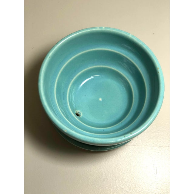 McCoy Pottery 1940s - 1960s “Teal" Mid Century Flowerpot And Attached Saucer Violet Flower Design, Small, Teal Blue glaze...