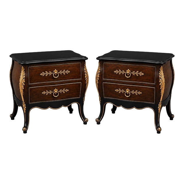 Vintage French Provincial Bombe Nightstands — Pair Old Chapel Tobacco Walnut & Onyx Reserve™ For Sale