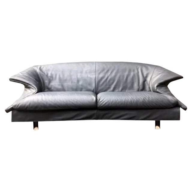 Blue-Grey Leather Sofa from Saporiti Italia, 1980s For Sale