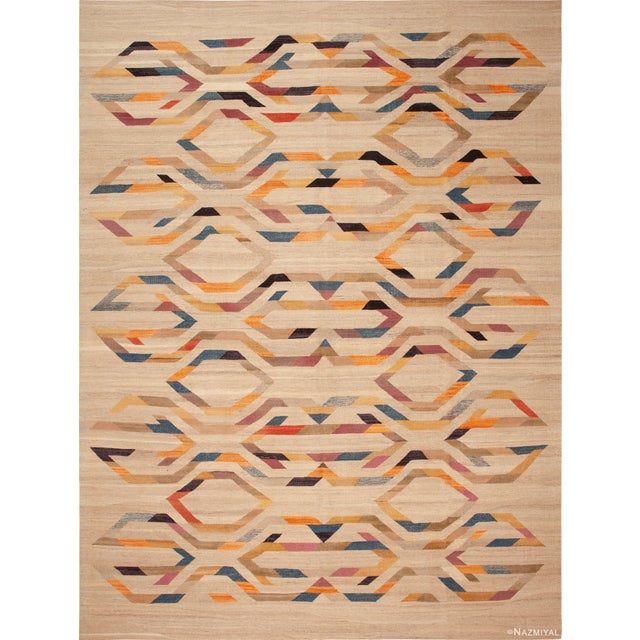 One of a kind Modern Geometric Ivory Color Kilim Rug, Country of Origin: Central Asia, Circa date: Modern
