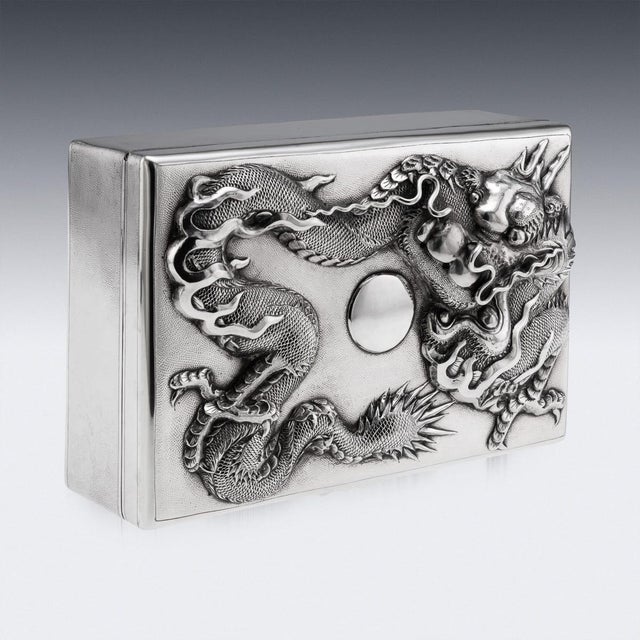Metal Antique Japanese Meiji Silver Dragon Cigar Humidor Box, 1900 For Sale - Image 7 of 18