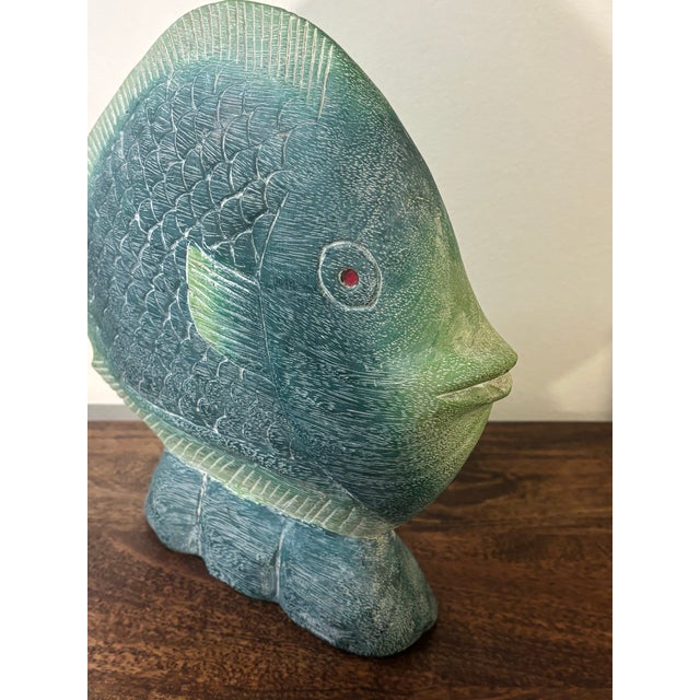 Coastal Vintage Vibrant Hand Carved and Hand Painted Wooden Fish Sculpture For Sale - Image 3 of 6
