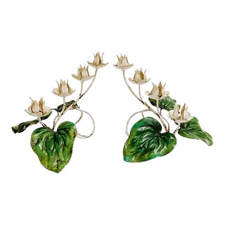 1970 Italian Tole Green & White Flower Candlestick Holders - a Pair For Sale