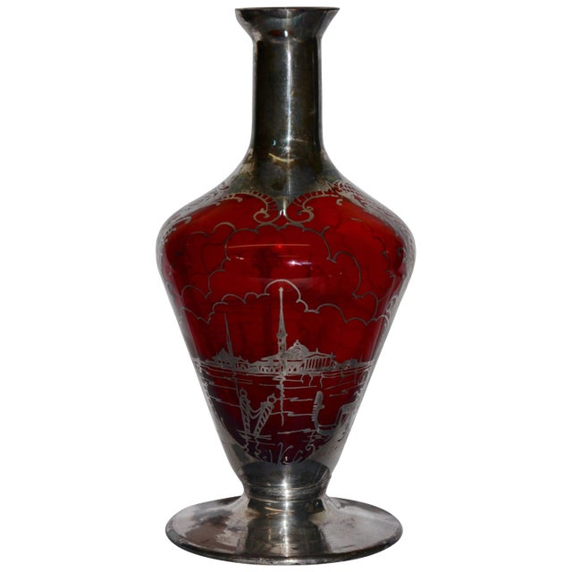 Early 20th Century Ruby With Silver Overlay Vase For Sale