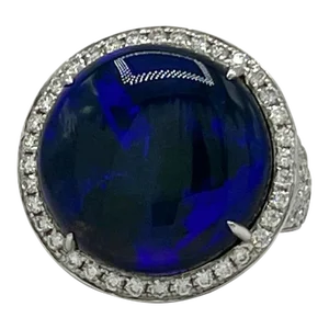 Black Lightning Ridge Opal Round and White Diamond Cocktail Ring in 18k Size 7