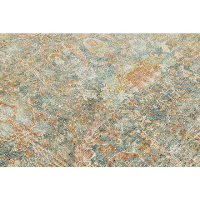 Mid-Century Modern Antique Mahal Wool Area Rug With Muted Sage Green & Terracotta Palette For Sale - Image 3 of 11