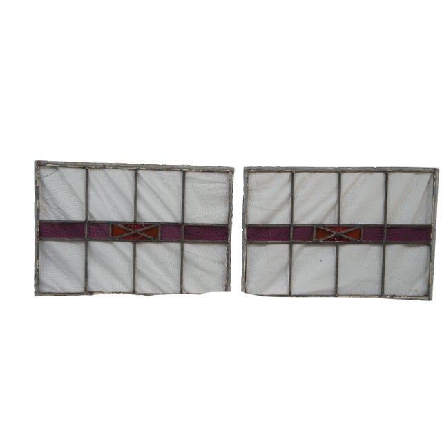 Victorian Pair of Antique Reclaimed Leaded Stained Amethyst Glass Window Panels For Sale - Image 3 of 12