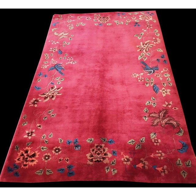 Coral Chinese Knotted Small Scatter Size - Art Deco Rectangle 1920s Antique Wool Rug, Circa Date: 1920s. This exquisite...