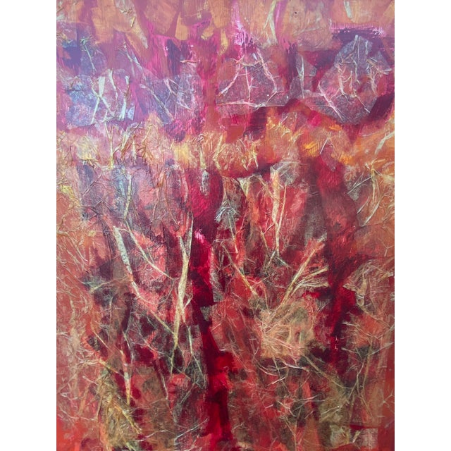 Late 20th Century Vintage Mid-Century Modern Textural Red & Orange Abstract Mixed Media Collage Painting by Barnes For Sale - Image 5 of 12