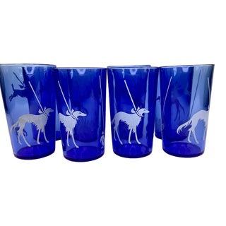 Vintage Hazel Atlas Blue Tumblers Decorated With Dogs on Leashes - Set of 8 For Sale