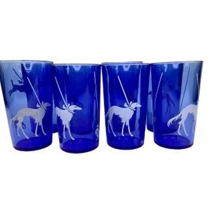 Vintage Hazel Atlas Blue Tumblers Decorated With Dogs on Leashes - Set of 8