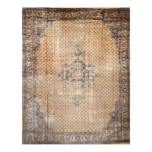 Vintage Turkish Oushak Rug, Hand-Knotted Wool, Geometric Design, Camelhair, 15' X 18' For Sale