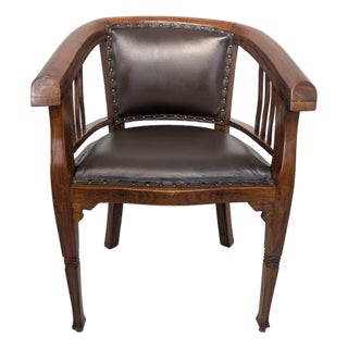 Interwar Wooden Office Chair in Natural Leather, 1890s For Sale